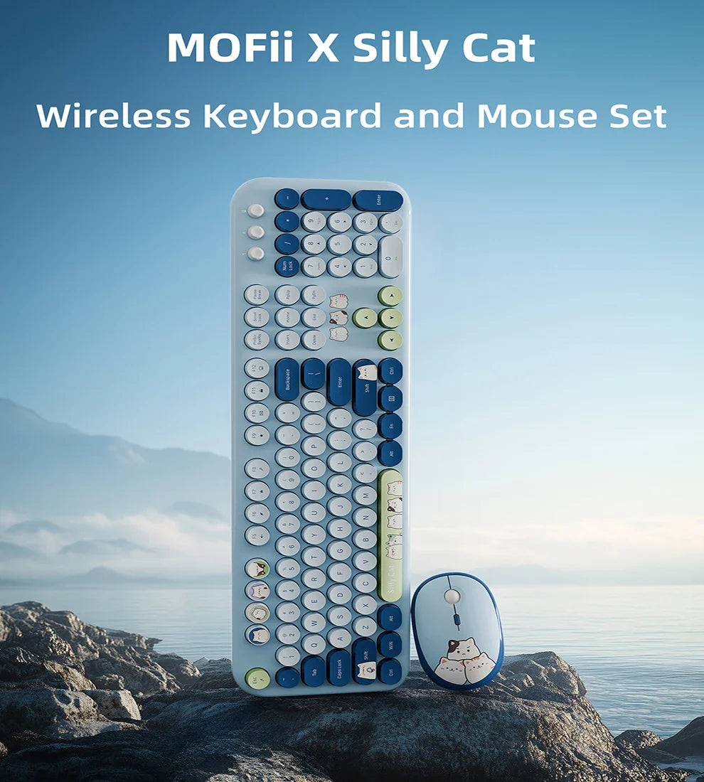 Full Size Wireless Keyboard Mouse Combo 104 Keys Retro Cute Cat Design Plug and Play Keyboard Mouse Set for Windows 7/8/10/XP