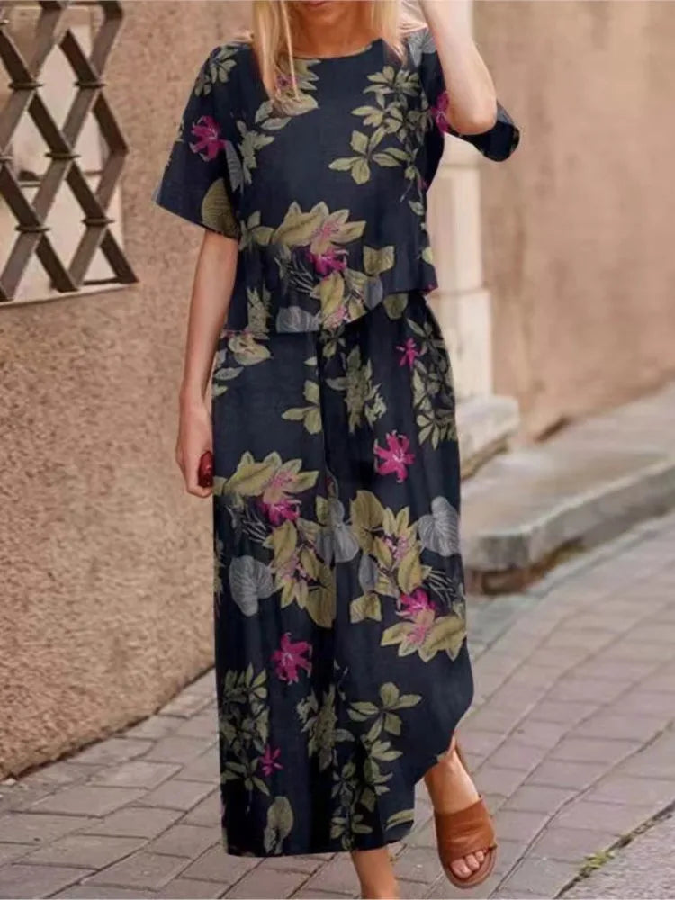 Autumn New Women's Fashion Printed Cotton Linen Plant Flower Three Sleeve Short Sleeved Casual Nine Piece Pants Two-piece Set