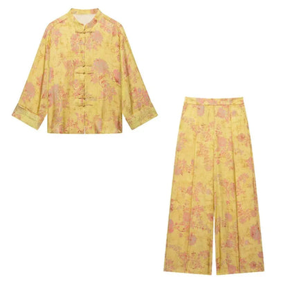 Women's Printed Pants Set Summer O-neck Long Sleeve Rope Knot Top High-waist Wide leg Pants Casual Fashion Female 2 Piece Sets