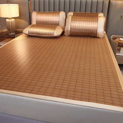 Summer Cool Rattan Mat Sets Natural Plant Fiber Ice Mats with Pillowcase Foldable Non-Slip Breathable Cooling Mattress Cover