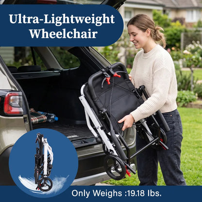 Lightweight Transport Wheelchair for Adults & Seniors, 19 lbs Foldable Travel Wheelchair with 18.1" Wide Seat