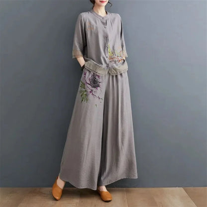 Ethnic style Pant Suit Women's Ramie Upper Garment Summer Cotton Linen Cardigan Embroidery Mother's Loose Two-Piece Set Female