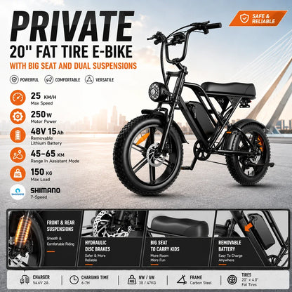 G60 E-Bike 1000W Adult Electric Bicycle 20” Fat Tire E-Bike 48V 15Ah Battery 45-55KM Range Dual Suspension 31MPH