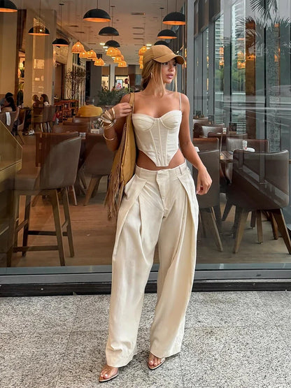 Fashion Slim Fishbone Corset Pant Set Women Sexy Slim Sleeveless Backless Crop Top Wide Leg Pants 2026 Summer Lady Solid Outfit