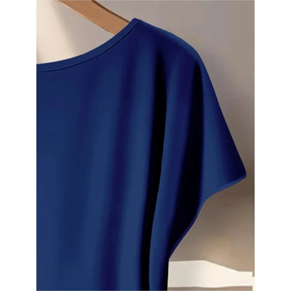 Summer Women's plus Size Casual Loose Two-Piece Set Solid Color Twisted T-Shirt with Blue White Printed Wide Leg Pants