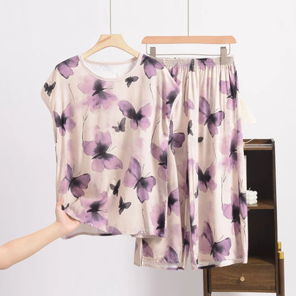 XL to 6XL Plus size Summer Pajamas set short sleeve Tshirt and Capri Pants Floral Print Loose homewear suits comfort sleepwear