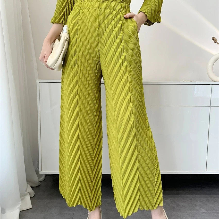 2026 Spring New Women Handmade Pleated Pants Set Comfortable Casual Seven Sleeve T-Shirt Top Loose Wide Leg Pants 2 Piece Set