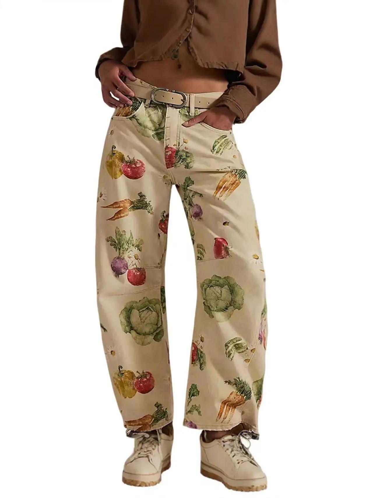 New Spring and Autumn Women's Loose Denim Flower Print Denim Pants Wide-leg Pants