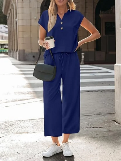 Women 2 Piece Outfit Set V Neck Button Short Sleeve T Shirt Drawstring Wide Leg Capri Pants Casual Loose Tracksuit Loungewear Va