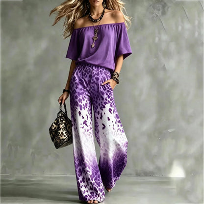 Summer Women Off Shoulder Short Sleeve Top Gradient Leopard Print Wide Leg Pants Two Piece Boho Casual Fashion Matching Suit New