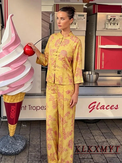 Women Fashion Flower Print Sets Sexy Long Sleeve Frog Button Decoration Top+Wide-Leg Pants Summer Autumn Vacation New 2 Pieces