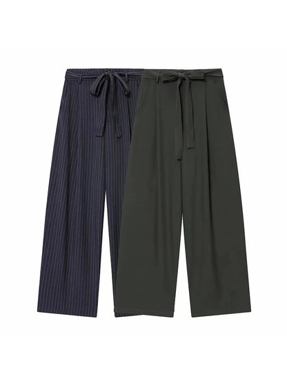 Women Fashion 2-Piece Set Single-breasted Sleeveless V-Neck Pinstripe Vest+Summer Pleated Loose Pocket Belt Zipper Pants