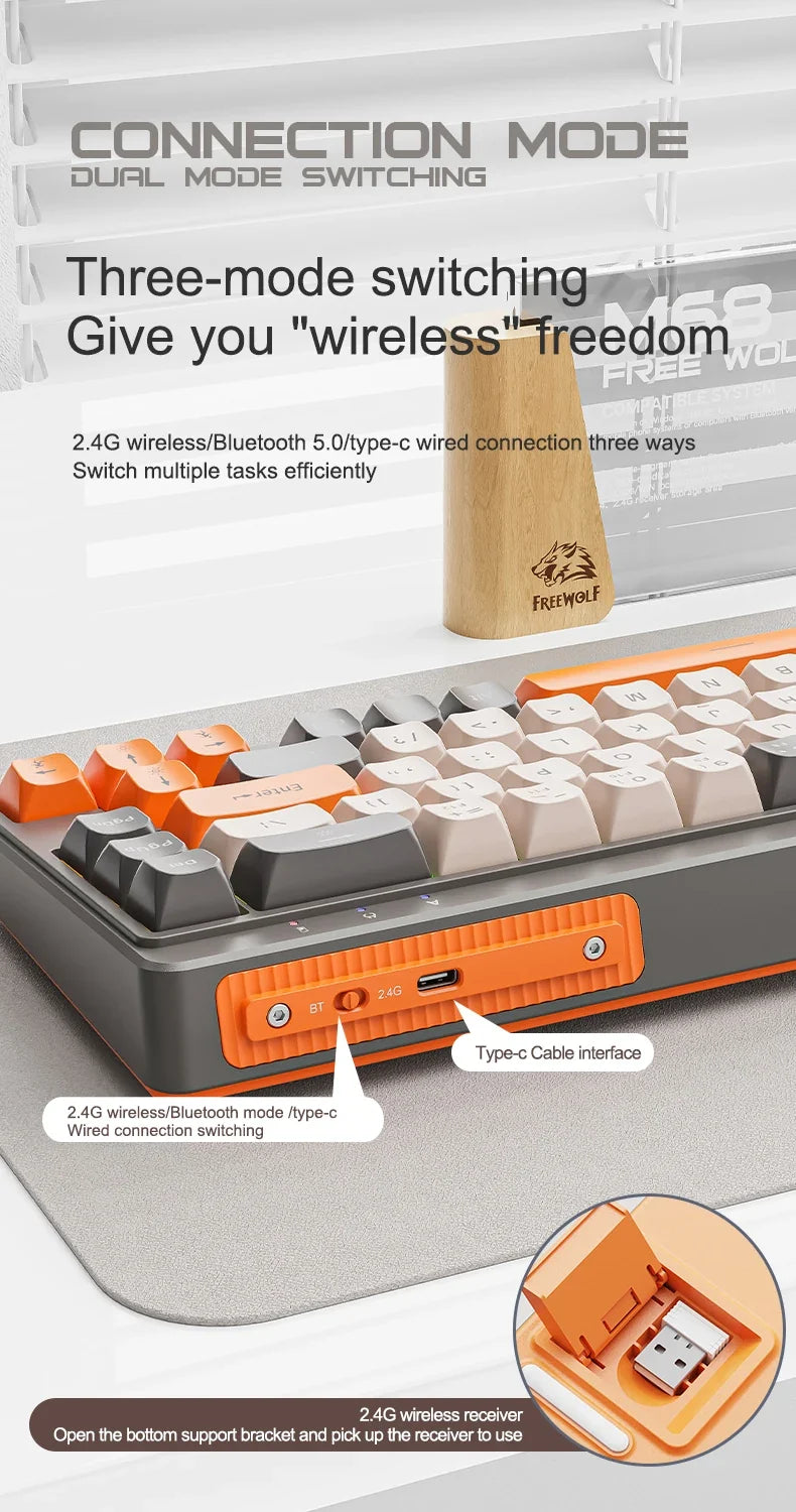 FREEWOLF M68 Wireless Keyboard and Mouse Set Multidevice Connection 68 Keys Mini Keyboard and A3 Mouse Kit PBT keycaps Backlight