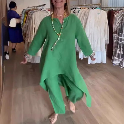 Women's 2pcs Clothing Set Fashion Summer New Suit Casual Long Shirt Blouse Top & Wide Leg Pants Solid Color 2 Piece Sets Outfits