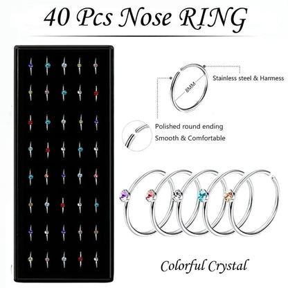 Fashion Crystal Stainless Steel Nose Stud Piercing for Women Hypoallergenic 1.8mm Nose Ring Straight/L/Screw Shaped Body Jewerly