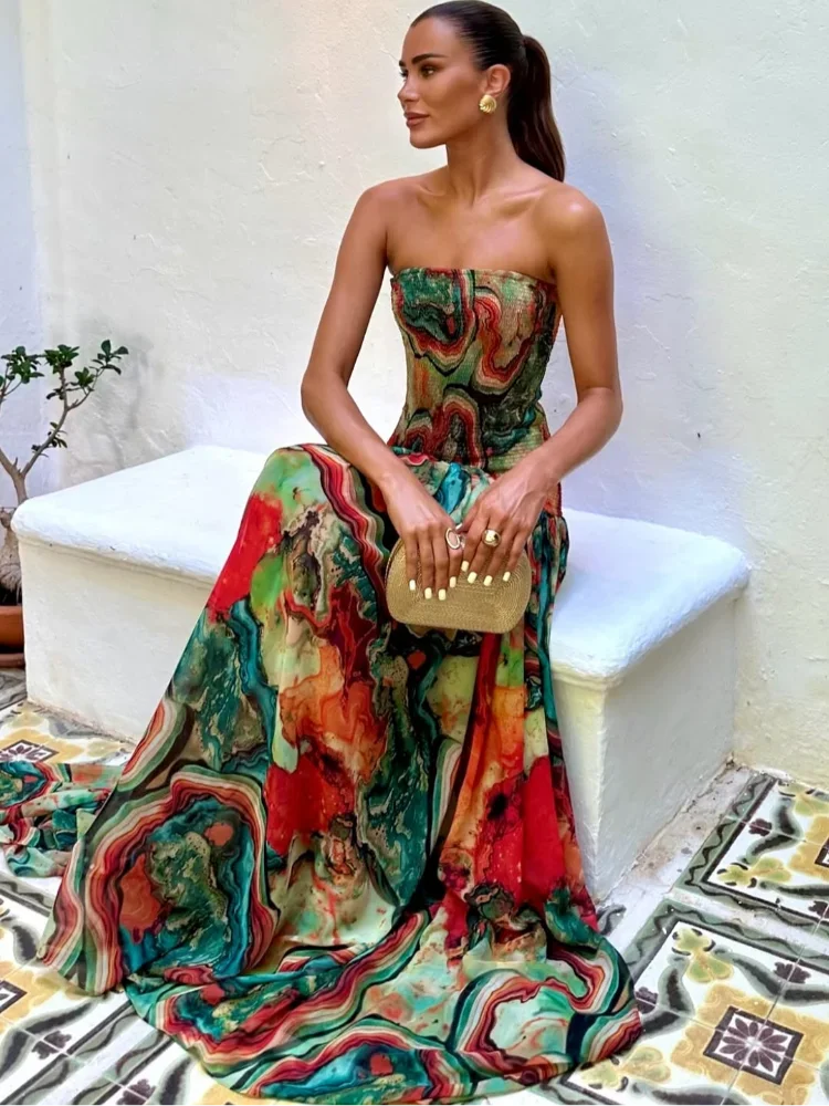 New Pleated Waist Strapless Dress Women's Printed Colorful Long Gown Elegant Fashionable Summer Dress