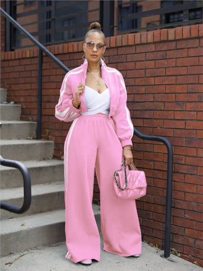 Fashion Splicing Striped Zipper Sports Suit Women'S Spring Autumn Thick Hoodie Casual Loose Wide Leg Trousers 2 Piece Set Female