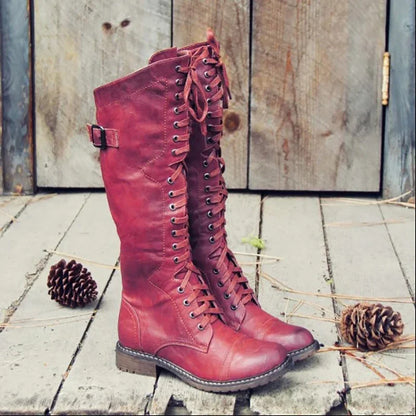 Women Knee High Boots Autumn Winter Lace Up Flat Shoes Sexy PU Leather Shoes Retro Buckle Women Shoes Fashion Black Knight Boots