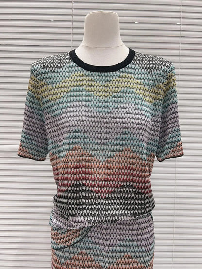CHUJIE 2026 Summer New, Stylish And Versatile, Round Neck Colorful Contrast Striped, Short-sleeve Knitted Top + Trousers Set