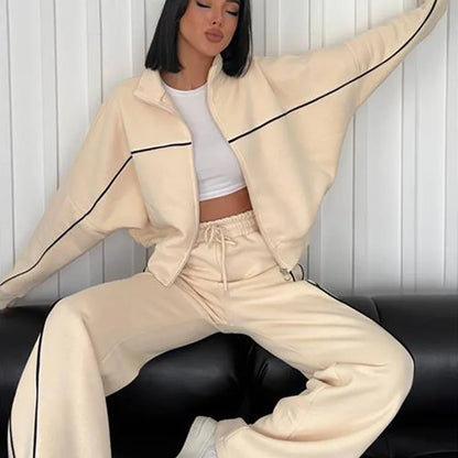 2026 New Cross-Border European American Amazon Casual Set: Long-Sleeve Semi-High-Neck Cardigan Sweatshirt With Tie And Striped