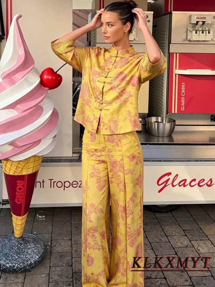 Women Fashion Flower Print Sets Sexy Long Sleeve Frog Button Decoration Top+Wide-Leg Pants Summer Autumn Vacation New 2 Pieces