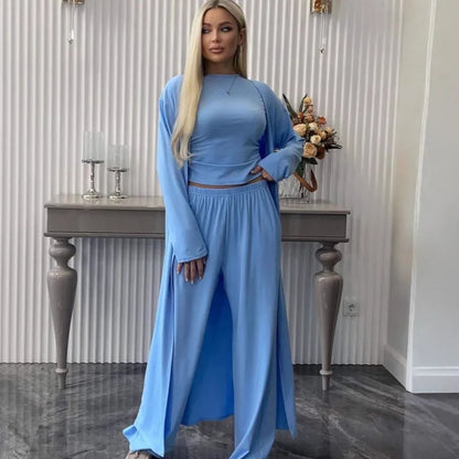 Pant Set Women Three Piece Sets Round Neck Short Sleeve Shirt Straight Pants Lace Up Long Robe Y2k Streetwear Work Casual 2026