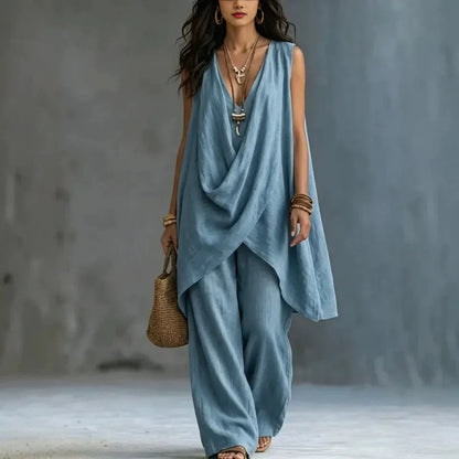 Women Holiday Blouse Pant Suits Summer Sexy V Neck Sleeveless Loose Asymmetrical Blouse Tops&Wide Leg Full Trouser Sets