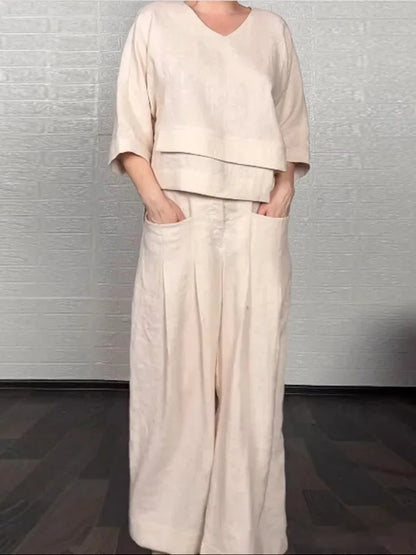 Casual Loose Irregular Cotton Linen Women's Top Set Spring Summer New Fashion Pocket Wide-leg Pants For Women Office 2-piece Set