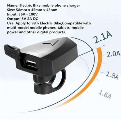 Electric Bicycle USB E-bike Charger Output 5V 2A For Mobile Phones Input DC 36V 48V 60V 72V Handlebar For Mid Hub Motor Kits