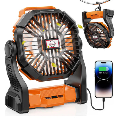 Camping Fan with LED Light, Rechargeable Tent Fan, Portable USB Fan, Quiet Operation, Battery Powered, Hook Design, for Outdoor