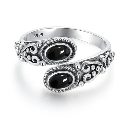 925 Vintage Silver Ring with Natural Moonstone 6*8mm Adjustable Rings Flower Bohemia Style Fine Jewelry for Women