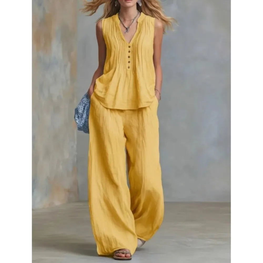 Fashion Pleated V-neck Sleeveless Women's Tops 2-piece Summer Casual Loose Wide-leg Trousers Female Elegant Office Trousers Set