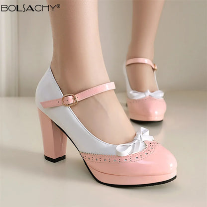 Women Shoes Sweet Candy Color Patent Leather Mary Jane Chunky Heel Ankle Strap Pumps Party Cosplay Uniform Paty Wedding Dress