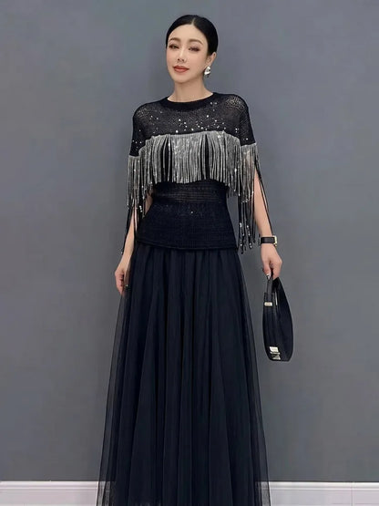 SHENGPALAE Fringe Short Sleeve Knit Top Tulle Maxi Skirt Two Piece Set Elegant Casual Summer Women Outfit 2026 New Summer