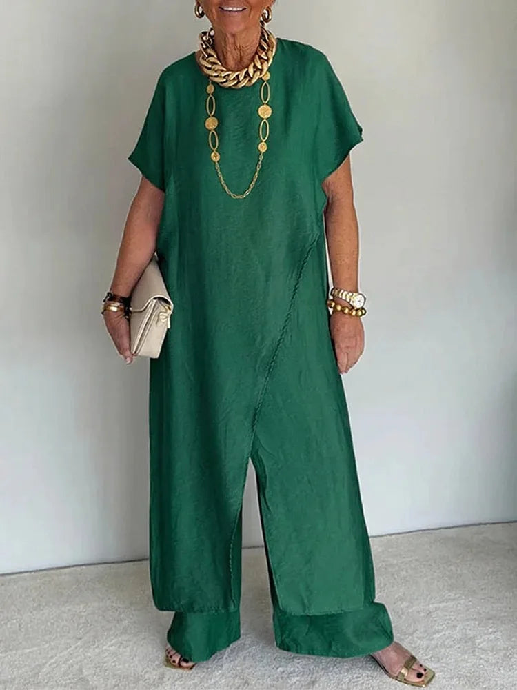 Loose Irregular 2 Piece Set for Women Short Sleeve Round Neck Long Top + Wide Leg Pants Casual Outdoor Commuting Versatile Suit
