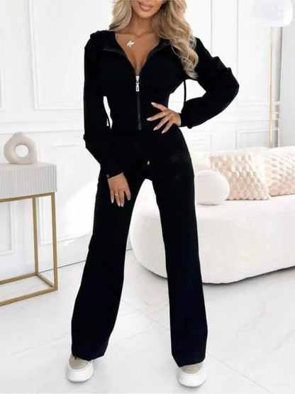 Autumn Winter Hooded Zipper 2 Piece Sweatsuit Women Casual Sets Sweatshirt Jacket With Elastic Waistband & Wide Leg Pants Set