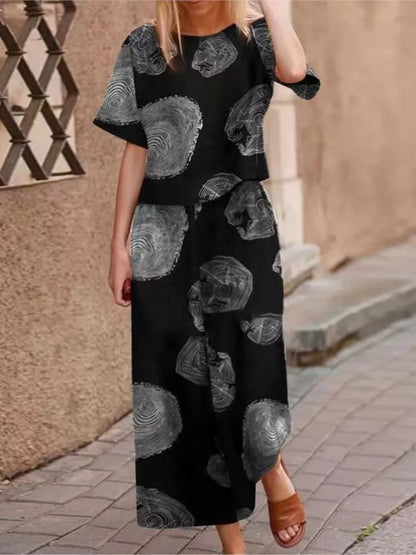 Autumn New Women's Fashion Printed Cotton Linen Plant Flower Three Sleeve Short Sleeved Casual Nine Piece Pants Two-piece Set