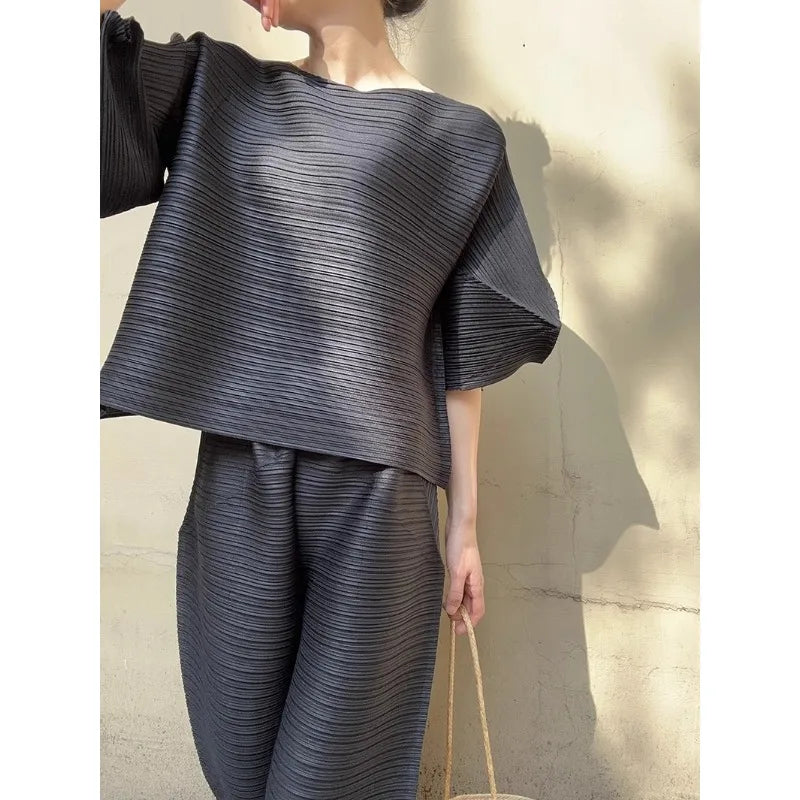 YUDX Miyake Pleated Women 2 Piece Fashion New Bubble Sleeve Round Neck Short Sleeve Loose Top + Irregular Pants Set