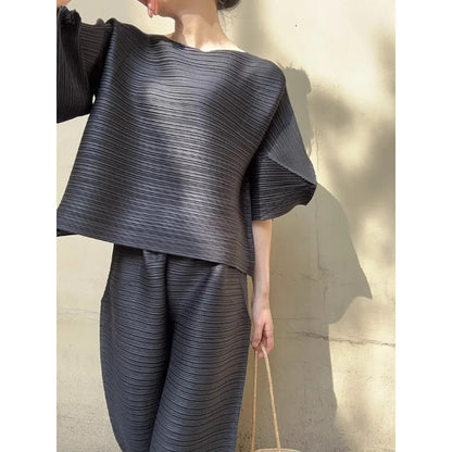 YUDX Miyake Pleated Women 2 Piece Fashion New Bubble Sleeve Round Neck Short Sleeve Loose Top + Irregular Pants Set
