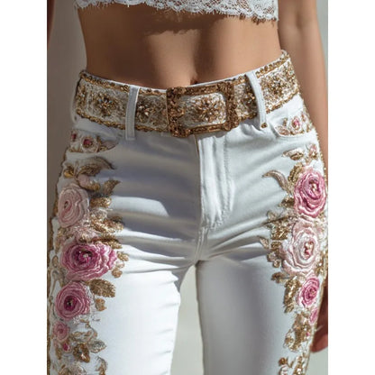 Women's Fashion Floral Jeans Straight Leg Denim Pants European American Style