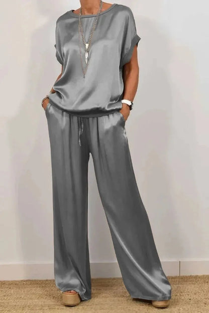 Women's Satin Pants 2 Piece Set Summer Breathe Loose Short Sleeve Top Wide Leg Pants Casual Outfit Office Lady Elagant Set