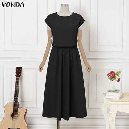 VONDA Women Plus Size Sets Elegant 2PCS Solid Color Two-piece Outfits Short Sleeve Summer Tops Long Skirts Streetwear Dress Sets