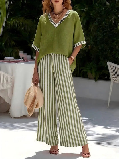 Two Pieces Women Pant Sets Striped Matching Set Short Sleeves V Neck Top Elastic Waist Wide Leg Pants Loose Casual 2026 Summer