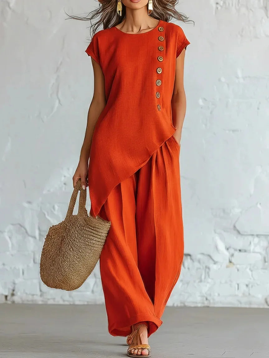 2026 Women 2 Piece Set Elastic Waist Pocket Button Decorate Wide Leg Pants+Solid Blouse Suit Casual Top Trousers Lady Outfits