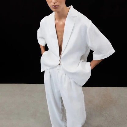 2026 New Cotton Turn-Down Collar Half-Sleeve Top Wide-Leg Pants Two-Piece Set Women, Simple And Fashionable Commuting Outfit For