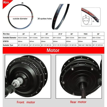 Electric Bike Motor Wheel 36V 250W 350W 500W Brushless Gear Hub Motor Front Rear 20"24"26"27.5"28"29"700C E Bike Motor Wheel