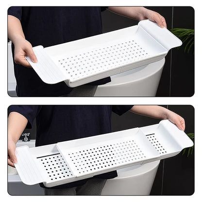Multi-Function Bathtub Accessories: Retractable Bath Shelf, Tub Storage Rack, Towel Organizer for Bathroom