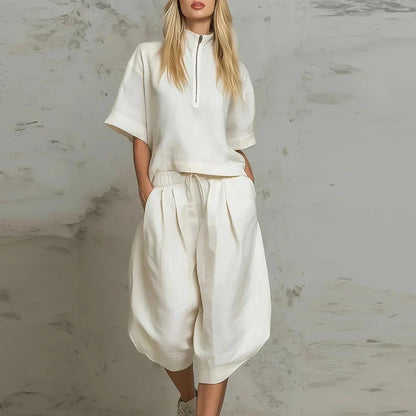 Summer Zipper Half Sleeve Shirt High Waist 3/4 Length Pants Suit Women Comfortable Two Piece Set Female Tracksuits