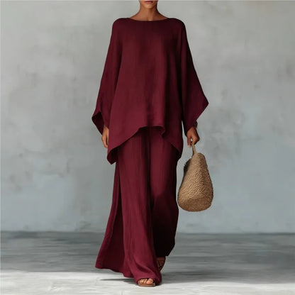Women's Elegant Loose Round Neck Top Wide Leg Pants Set Casual Simple Long Sleeve Solid Color Two-Piece Set