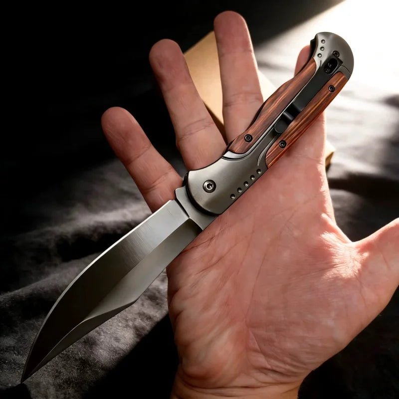Lightweight Folding Utility Knife with Wooden Inlay, Stainless Steel Blade, Non-locking Design for Camping, Hiking and Outdoor T